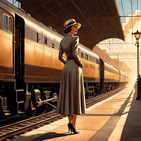 Vintage Reading at the Train Station. A woman reads a book... by Athina Dimitriadou - Playground Vintage Train Travel Aesthetic, Vintage Train Station Aesthetic, Vintage Train Station Photoshoot, Vintage Train Illustration, Vintage Train Aesthetic, Vintage 40s Aesthetic, Vintage Train Station, 40s Aesthetic, Illustrated Portraits