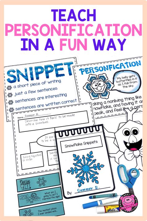 Discover the magic of personification and enhance your kids' writing skills with our engaging activities! Personification is a fascinating language technique that brings non-human things to life by giving them human qualities. In this blog, you'll find exciting ideas and resources to introduce personification to your students in a fun and memorable way. Watch their creativity soar as they bring objects and animals to life through vivid descriptions and imaginative storytelling. Personification Activities, Winter Writing Prompts, Creative Writing Lesson, Human Things, Winter Writing, Teaching Second Grade, Non Human, Teaching Third Grade, Engage Kids