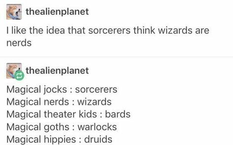 Different Types Of Magic Users, Types Of Wizards, Types Of Magic Users, Warlock Dnd Character Concept, Dnd Bard Character Concept, Modern Warlock, Bard Magic, Bard Quotes, Magic Classes