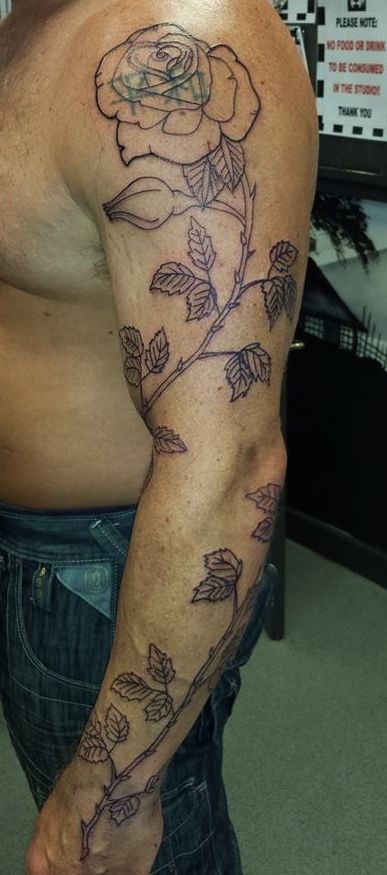 rose cover up custom tattoo thorn leaves full sleeve start outline Rose Vine With Thorns Tattoo, Full Arm Rose Tattoo, Full Body Rose Tattoo, Rose And Thorns Tattoo Sleeve, Thorn Tattoo Sleeve, Thorn Sleeve Tattoo, Thorn Rose Tattoo, Thorns And Roses Tattoo, Rose Vine Tattoo