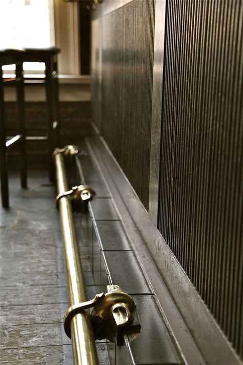 VANCOUVER DETAIL #277: Brass Elephants Wrapping Up The Foot Rail At “The Diamond” Wrought Iron Scrollwork, Bar Counter Design, Millwork Details, Bar Rail, Bar Interior Design, Karim Rashid, Bar Fronts, Counter Design, Bar Interior