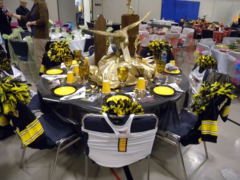 High School Table Decorations | VERY cool table! Using the school colors for the local high school ... School Spirit Table Decorations, Chamber Banquet Themes, Senior Serve Table Ideas High Schools, Senior Serve Table Themes, Baseball Tablescape, Football Banquet Ideas High School, School Table Decorations, Senior Serve Table Ideas, Senior Serve Table