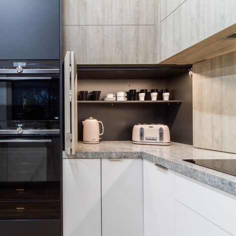 A kitchen appliance pantry designed to hide the kettle, toaster and other small appliances so they can be easily tucked away when they're not being used leaving the kitchen looking perfectly tidy and clutter free! You can see this kitchen on display in our Eltham Showroom, 3 Bridge St Eltham. Toaster Kettle Storage, Hiding Small Kitchen Appliances, Kitchen Cupboard To Hide Appliances, Toaster And Kettle Display In Kitchen, Hidden Toaster In Kitchen, Hiding Appliances In Kitchen, Hide Appliances Kitchen, Appliance Nook, Hide Kitchen Appliances