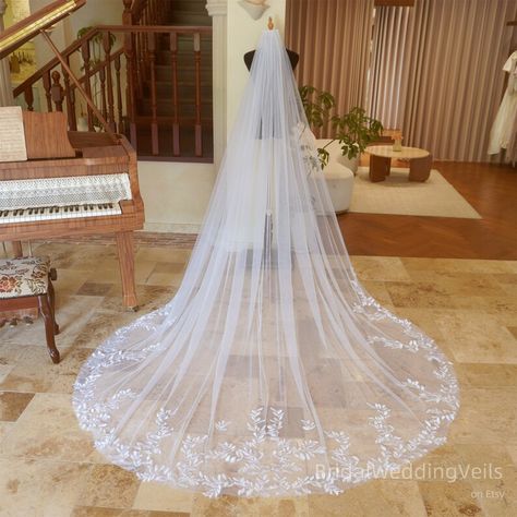 White Leaf Wedding Veil Cathedral,Embroidery Veil,Fairy Bridal Veil,Handmade Customized Unique Veil in All Colors Size Wedding Dress Colors, Traditional Veil, Drape Veil, Unique Veil, Cape Veil, Lace Wedding Veil, Beige Champagne, Veil Length, Cathedral Wedding Veils