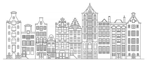 Amsterdam old style houses. Typical dutch canal houses lined up near a canal in the Netherlands. Building and facades for Banner or poster. Vector outline illustration. Dutch Tattoo, Old Style House, Amsterdam Houses, Cottage Lake, Dutch House, Amsterdam Canals, Building Drawing, Canal House, Outline Illustration