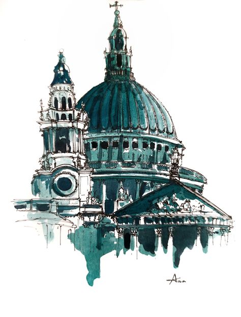 Cathedral  Architecture illustration London watercolor  art sketch St Paul's Cathedral Concept Illustration Architecture, St Paul Cathedral Drawing, St Pauls Cathedral London Sketch, London Architecture Drawing, St Pauls Cathedral London Drawing, Watercolor Cathedral, Cathedral Sketch, Cathedral Drawing, Cathedral Painting