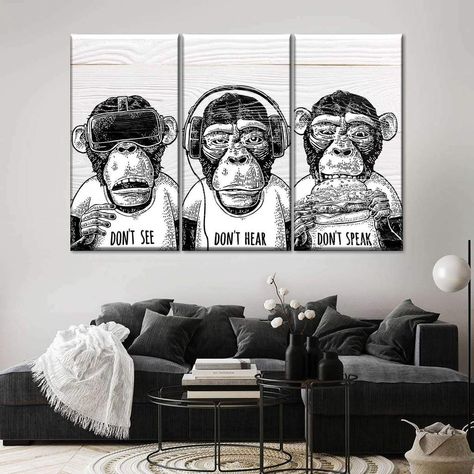 Three Monkeys Keeping Cool Multi Panel Canvas Wall Art | ElephantStock Monkey Wall Art, Three Monkeys, Slate Wall Tiles, Teenage Boy Room, Monkey Wall, Wal Art, Table Room, Teen Boy Room, Boys Room Wall Art