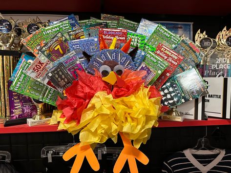 $200 worth of scratch tickets adorn this cute little turkey. Fun thanksgiving themed fundraiser. Lottery Ticket Gift, Fun Thanksgiving Crafts, Lottery Tickets, Thanksgiving Fun, Thanksgiving Crafts, Scratch Off, School Ideas, Gift Baskets, Halloween Wreath