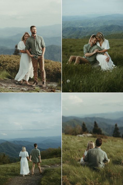 These Roan Mountain engagement photos feature so many romantic couples poses and film style photography! Get inspired by romantic engagement photo poses, casual outfit ideas, outdoor engagement photoshoot ideas, and mountain engagement session inspiration! Book Lauren for your North Carolina engagement or couples session at stratmanimagery.com! Prewedding Photography Mountain, Couples Mountain Photoshoot Summer, Mountain Photoshoot Outfit, Prenup Photoshoot Ideas Outdoor, Smoky Mountain Engagement Photos, North Carolina Engagement Photos, Engagement Photoshoot Casual, Mountain Prewedding, Mountain Photoshoot Ideas