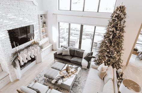 Holiday Fireplace Inspiration - Hearth and Home Distributors of Utah, LLC. Christmas Tree Placement, Tree Placement, Cb2 Living Room, Fireplace Inspiration, Natural Oak Flooring, Rustic Staircase, Holiday Fireplace, Christmas House Tour, White Oak Hardwood Floors