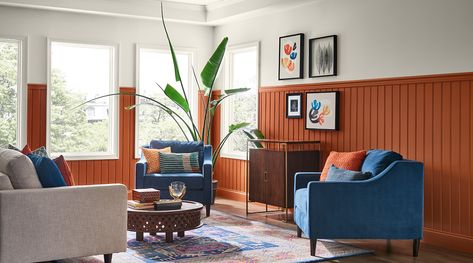 Artsy Living Room, Kitchen China Cabinet, 2021 Paint Color Trends, Paint Blob, Cavern Clay, Sawyer Brown, Orange Paint Colors, Copper And Blue, Relaxing Living Room