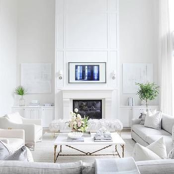 Two Story White Marble Fireplace with TV Niche - Modern - Living Room Two Story Fireplace, White Electric Fireplace, Fireplace Decorating, Tv Fireplace, Living Room Transitional, High Ceiling Living Room, Transitional Living, Fireplace Remodel, Design Room