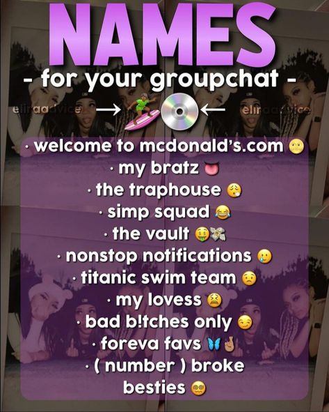 Groupchat Names Ideas Snapchat, Bestie Group Chat Names, Groupchat Names Ideas, Cute Usernames For Instagram, Funny Group Chat Names, Besties Group, Funny Contact Names, Funny Nicknames For Friends, Nicknames For Friends