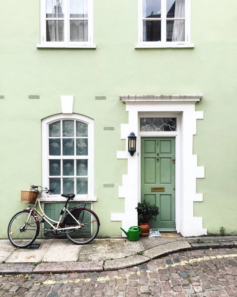 Light Green House, Bright Front Doors, Green House Exterior, Beautiful Front Doors, Green Facade, Front Door Colors, Wes Anderson, Black Doors, London Photography