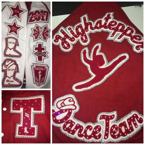 Dance Letterman Jacket, Cheer Letterman Jacket, Homecoming Jeans Ideas, Homecoming Jeans, Letterman Jacket Ideas, Cheer Jackets, Letterman Jacket Patches, Bling Jacket, Senior Jackets