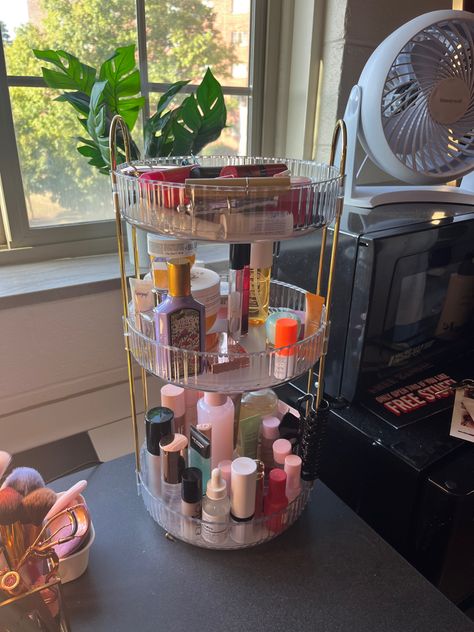 Makeup Organizer Spinny Makeup Organizer, Floor Makeup Station, Dorm Room Layouts, Rotating Makeup Organizer, Makeup Stand, Makeup Station, Room Layouts, Dorm Inspo, Dorm Ideas