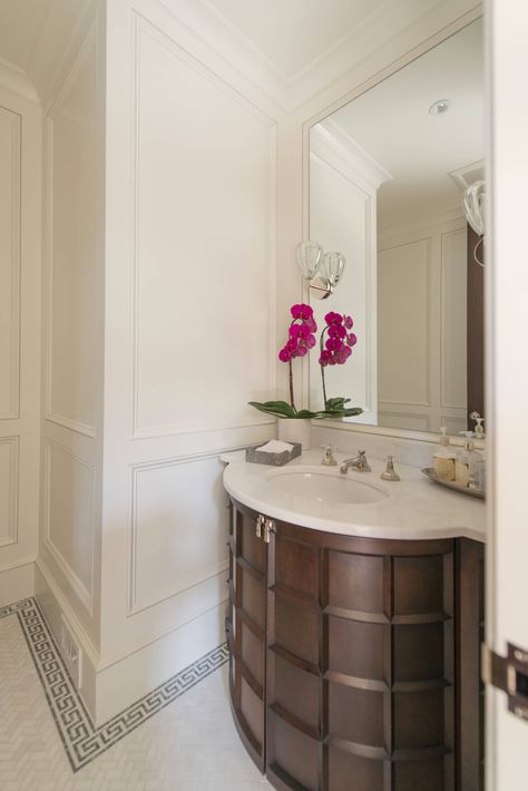 Marble Powder Room, Transitional Powder Room, Bathroom Wainscoting, Room Pictures Ideas, Traditional Powder Room, Picture Frame Wainscoting, Basement Inspiration, Bathroom Wall Panels, Powder Room Design