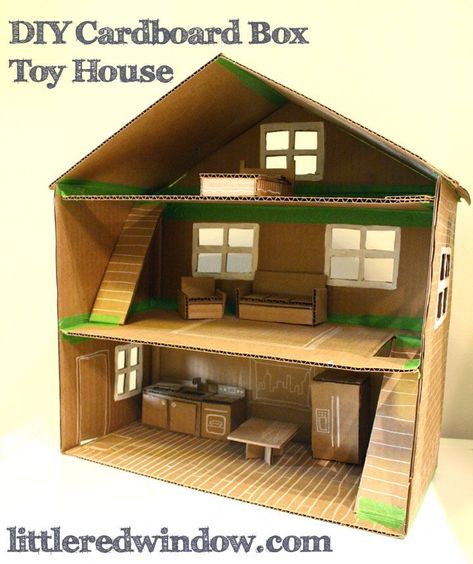 DIY Cardboard Box Toy Doll House, make an adorable play house out of an old box! via littleredwindow.com Cardboard Box Houses, Diy Karton, Diy Cardboard Toys, Mainan Diy, Cardboard Dollhouse, Carton Diy, Cardboard Box Crafts, Cardboard Toys, Doll House Plans