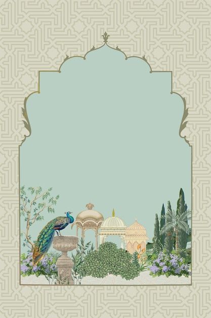 Vector traditional middle eastern and mu... | Premium Vector #Freepik #vector #arch #traditional #morocco #wallpaper Garden With Arch, Peacock Illustration, Mughal Garden, Wedding Illustration Card, Royal Wallpaper, Peacock Garden, Indian Wedding Invitation Card Design, Wedding Invitation Vector, Mughal Art Paintings