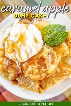 Caramel Apple Dump Cake - tastes like Fall Y'all!! With only 4 simple ingredients, you can't go wrong with this easy dessert recipe! Apple pie filling, caramel sauce, cake mix, and butter. This only takes 5 minutes to make and is ready to eat in under 30 minutes. Great for a crowd. Serve warm with some vanilla ice cream or fresh whipped cream. I never have any leftovers! A real crowd pleaser!! #cake #apple #cakemix #dessert #piefilling Cherry Pineapple Dump Cake, Peach Cobbler Dump Cake, Apple Dump Cake, Caramel Apple Dump Cake, Canned Apple Pie Filling, Apple Dump Cakes, Caramel Apple Pie, Plain Chicken, Spice Cake Mix