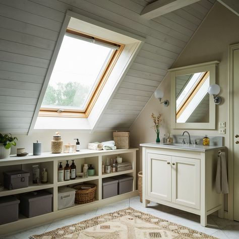 Attic Conversion Bathroom, Slanted Bathroom Ideas, Attic Remodel Ideas, Attic Primary Suite, Bathroom With Slanted Ceiling, Loft Bathroom Ideas Sloped Ceiling, Small Attic Bathroom Sloped Ceiling, Attic Bathroom Ideas Slanted Ceiling, Slanted Ceiling Bathroom