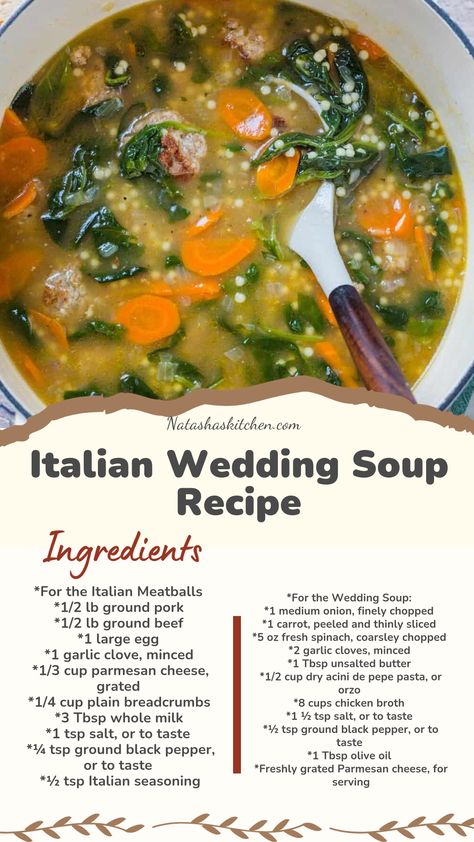 Quick and easy Italian Wedding Soup recipe with homemade meatballs, pasta, and spinach in a savory broth. Perfect for a comforting meal! Wedding Italian Soup, Wedding Soup Recipe, Italian Wedding Soup Recipe, Wedding Soup, Italian Soup, Homemade Meatballs, Italian Meatballs, Garlic Clove, Fresh Spinach