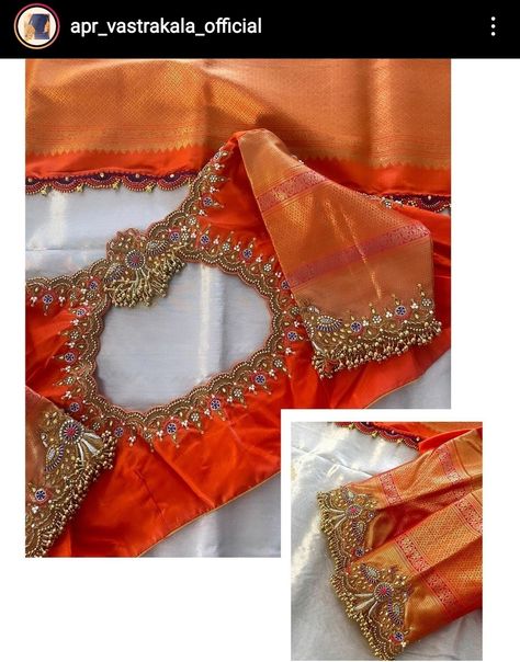 Maggam Work On Printed Blouse, Blouse Designs For Red Pattu Saree, Blouse Designs For Printed Blouse, Peshwai Saree Blouse Pattern, Maggam Work Blouses For Pattu Sarees, Orange Colour Blouse Designs, Blouse Back Neck Embroidery Designs, Orange Blouse Maggam Work Designs, Bridal Blouse Aari Work Designs