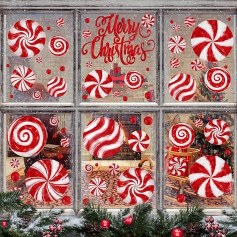 Red And White Christmas Window Display, Candy Cane Window Painting, Christmas Refrigerator Decor, Christmas Glass Door Painting Ideas, Painted Window Art Christmas, Christmas Window Decals, Christmas Window Marker Ideas, Glass Door Christmas Decor, Christmas Painted Windows