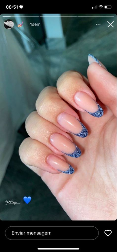 blue glitter french tip nails Navy Glitter French Tip Nails, Navy Blue Glitter French Tip Nails, Reflective Blue Nails, Royal Blue Glitter French Tip Nails, Blue French Nails With Glitter, Nails To Go With Blue Dress Prom, Royal Blue And Silver French Tip Nails, Navy Blue Nail Inspo Prom, Nails For Hoco Blue Dress