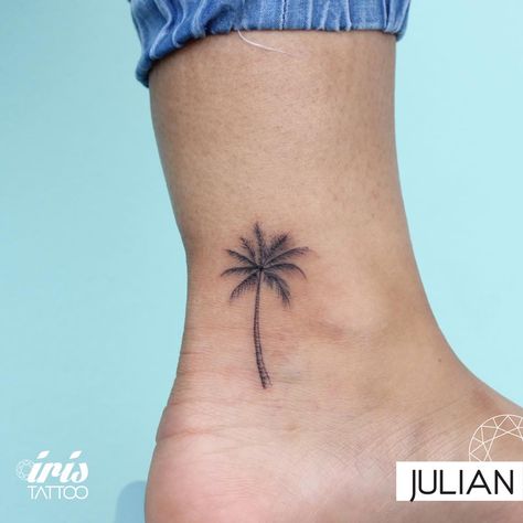 Christian Palm Leaf Tattoo, Fine Line Palm Tree Tattoo, Simple Palm Tree Tattoo, Palm Tree Tattoos For Women, Miami Tattoo Ideas, Tiny Tattoo Placement, Palm Tree Tattoo Ankle, Tropical Tattoo, Florida Tattoos