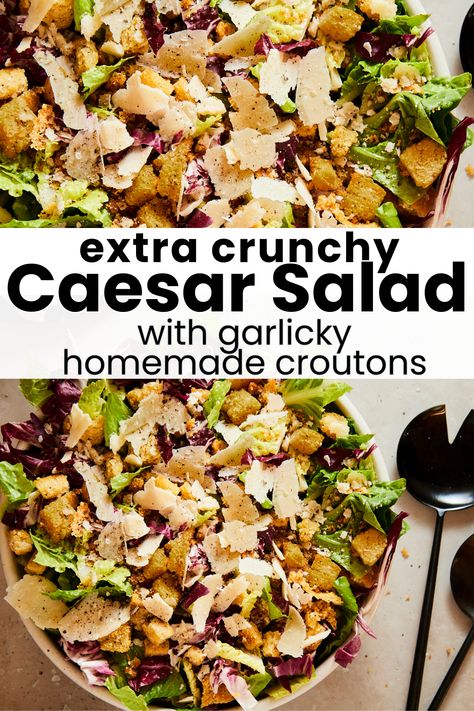 Upgrade your Caesar salad recipe with a zesty homemade dressing and homemade smashed croutons! This restaurant-style salad can be made ahead of time and is perfect for summer BBQs, special occasions or holiday gatherings. Croutons For Caesar Salad, Homemade Croutons For Caesar Salad, Ceaser Salad Ingredients, Cezar Salad, Diy Ceasar Salad, Crispy Ceaser Chicken Salad, Homemade Ceasar Salad Croutons, Lemon Spaghetti, Bitter Greens