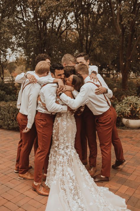 Alex wanted to do a first look with the groomsmen and their reactions are the absolute sweetest! First Look Bride And Groomsmen, The First Look Wedding Photo Ideas, Groom First Look With Bridesmaids, Wedding Pictures Group Shots, Pictures To Get On Wedding Day, Bride And Best Man Pictures, Groomsmen And Bride Pictures, Bride And Groom With Bridal Party, Wedding Pics With Family