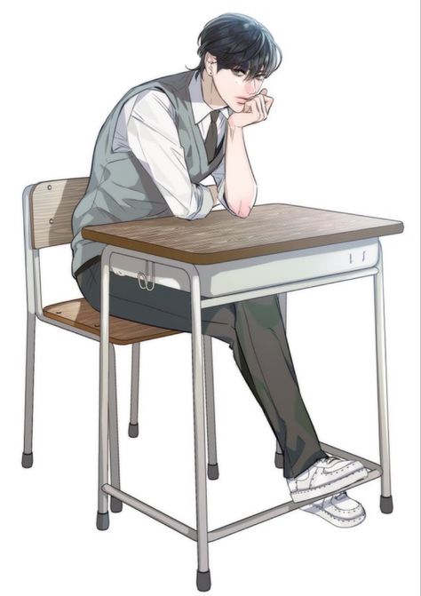 Student Pose Drawing Reference, Guy Studying Drawing, Anime Desk Drawing, Sitting At School Desk Drawing Reference, Looking Out The Window Drawing Reference, Sitting In Class Reference, Student Sitting At Desk Drawing, Holding Notebook Reference, Head On Table Drawing