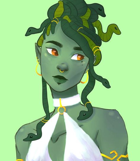 MEDUSA portrait, pretty art, snakes as hair , orange eyes, green girl, mythical creature, Medusa Gorgon, Medusa Art, Scary Drawings, Snake Girl, Superhero Villains, Rpg Characters, Fantasy Hair, Cosplay Characters, Fantasy Fairy