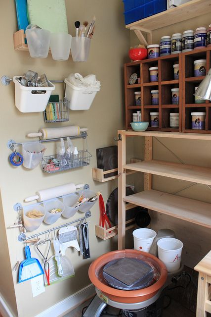 Various good storage ideas; remember to use shallow storage for glazes, so you can see which is which easily[by tashamck, via Flickr] Good Storage Ideas, Shallow Storage, Studio Layout, Art Studio Space, Ceramic Tools, Art Studio At Home, Cerámica Ideas, Ceramic Workshop, Pottery Workshop