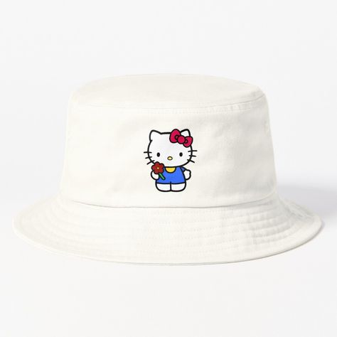 Get my art printed on awesome products. Support me at Redbubble #RBandME: https://www.redbubble.com/i/bucket-hat/Hello-kitty-holding-a-flower-by-maddison20066/163773917.95SI6?asc=u Flower Bucket Hat, Holding A Flower, Bucket Hat Design, Flower Bucket, Red Bubble, Hats For Sale, Flats Top, Hat Designs, A Flower