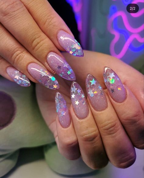 Aurora Flakes Nails, Amethyst Nails Designs, Purple Transparent Nails, Faerie Nails, Nails With Chunky Glitter, Fairy Glitter Nails, Purple Glittery Nails, Nails Cristales, Fairy Vibe Nails