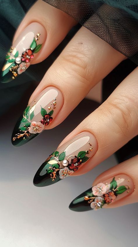 Bridgerton Aesthetic Nails, Peridot Nails, Nail Art Designs Green, Victorian Nails, Bridgerton Nails, Unique Nail Ideas, Unique Nail Designs, Prom Nail Designs, Unique Nail Art