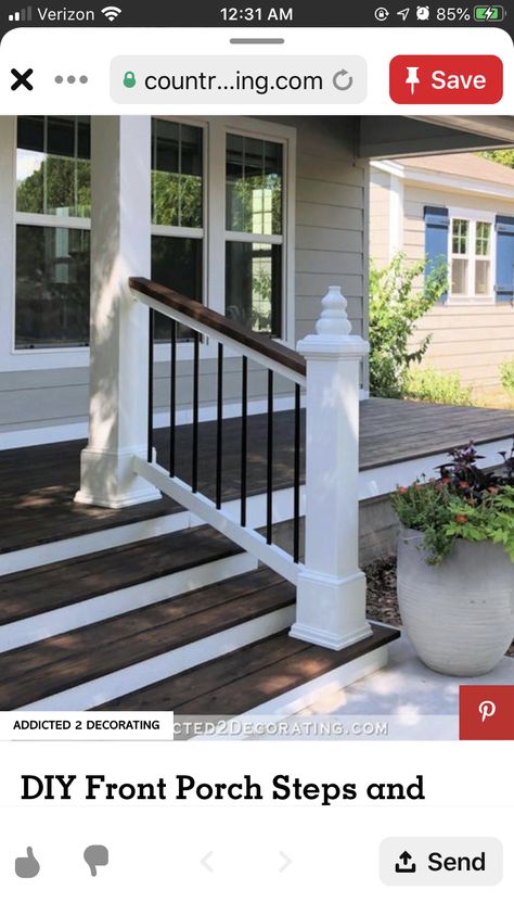 Front Porch Stairs, Porch Pillars, Porch Railing Designs, Front Porch Railings, Front Porch Steps, Porch Stairs, Step Railing, Railings Outdoor, Front Porch Design