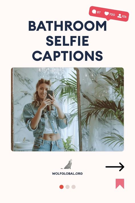 A young woman taking a mirror selfie in a bathroom decorated with plants.
An infographic with quirky bathroom selfie captions and a call-to-action button.
A smiling woman with a laptop surrounded by social media icons and engagement pod advertisement. Bathroom Selfies Instagram Caption, Bathroom Captions Instagram, Funny Mirror Selfie Captions Words, Bathroom Selfie Captions, Bathroom Selfies Instagram, After Bath Selfie, Bathtub Pictures, Selfie Challenge, Bathroom Selfies