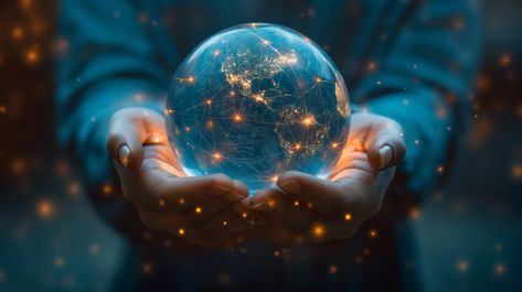 A pair of hands holding a transparent globe with digital connections Gangster Style, Nuclear Disasters, Diverse People, A Globe, Hands Holding, Powerful Images, Futuristic Art, Image Generator, Fantasy Landscape