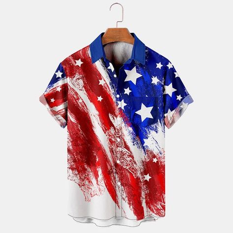 Casual Flag Print Short Sleeve Shirt American Flag Eagle, Eagle Print, American Flag Shirt, Bowling Shirts, Summer Style Casual, Mens Hawaiian Shirts, Aloha Shirt, Retro Shirts, Hawaiian Shirts