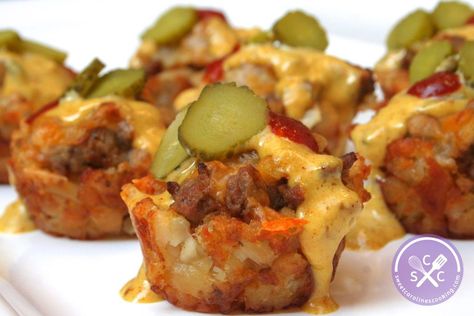 Tater Tot Cups, Cheeseburger Muffins, Tater Tot Recipes, Ground Sirloin, Tater Tots, Work Schedule, Muffin Tins, Perfect Appetizers, Chicken Crockpot Recipes