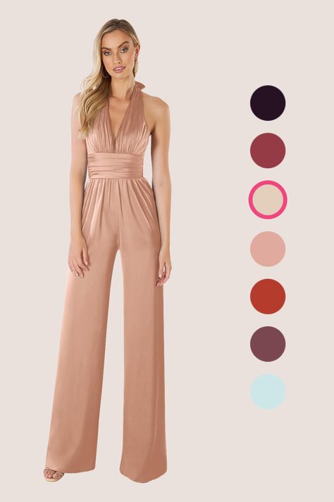 Skip the bridesmaid dress and opt for the chic and sleek comfort of our Oli jumpsuit, perfect for the modern bridesmaid. Go backless with our eye-catching deep V-neckline halter, featuring an elegant bow closure. We designed this with a pleated waistband and palazzo pants to keep you feeling breezy all night long. Gold Bridesmaid Dress, Rose Gold Bridesmaid Dress, Bridesmaids Jumpsuits, Modern Bridesmaid, Rose Gold Bridesmaid, Stretch Satin Dress, Gold Bridesmaid Dresses, Gold Bridesmaids, Satin Jumpsuit