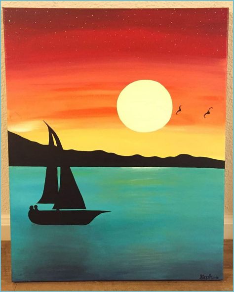 Things To Paint On Canvas Sunset, Sunset Pictures Painting, Sailboat Canvas Painting, Sunset Colors Painting, Sailboat Sunset Painting, Sunset Painting Beginner, Poster Painting Easy, Sailboat Painting Acrylic Easy, Drawings Of Sunsets