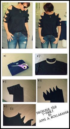 WobiSobi: Shoulder Tied Tee- Shirt, DIY Clothes Tiktok, Tee Shirts Diy, Diy Cut Shirts, Look 80s, 80s Shirts, Tied T Shirt, Diy Clothes Design, Shirt Diy, Old T Shirts