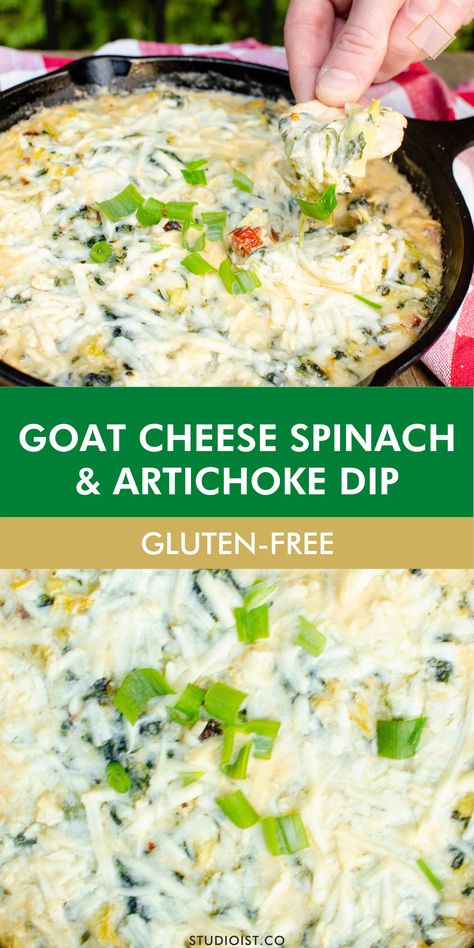 Gluten Free Appetizer Recipe: Goat Cheese, Spinach and Artichoke Dip. Shalan Trotz Premo - Studioist #Studioist #Appetizer #GlutenFreeAppetizer #GlutenFreeDip #DipRecipe Goat Cheese Gluten Free Recipes, Goat Cheese Spinach Artichoke Dip, Artichoke Goat Cheese Dip, Dairy Free Artichoke Dip, Gfcfsf Recipes, Funky Recipes, Paleo Dips, Baked Goat Cheese Dip, Goat Cheese Dip Recipes