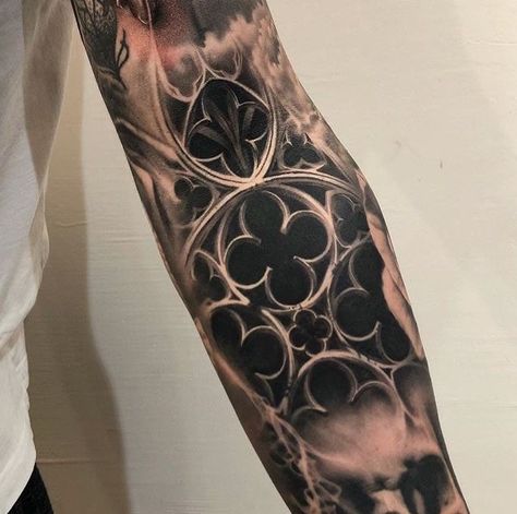 Dark Tattoos For Cover Ups, Gothic Sleeve Tattoo, Gothic Tattoo Sleeve, Background Tattoo Ideas, Sp Tattoo, Filler Tattoo, Backpiece Tattoo, Black And Grey Tattoo, Filigree Tattoo