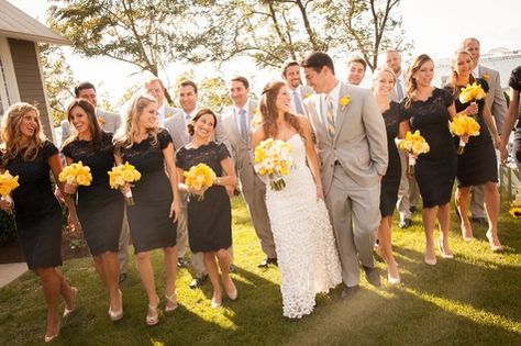 Black bridesmaid dresses with yellow bouquets and light gray groomsmen attire... or opposite Light Gray Groomsmen, Gray Groomsmen Attire, Fall Groomsmen Attire, Fall Groomsmen, Gray Groomsmen, Wedding Day Pictures, Fairy Tail Wedding, Groomsmen Grey, Sunflower Themed Wedding