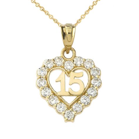 15 Necklace, Charm Pendant Necklace, Open Heart, Quinceanera, Heart Charm, Heart Necklace, Charm Pendant, Cubic Zirconia, Yellow Gold